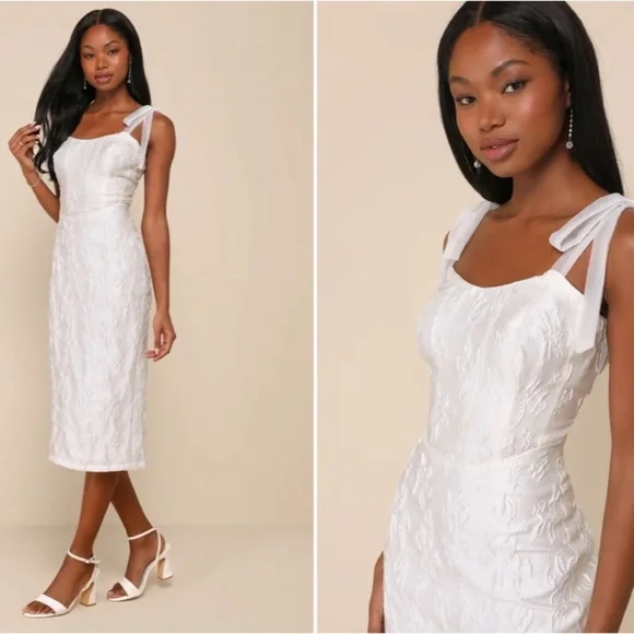 Lulu's White Textured Tie-Shoulder Midi Dress - Picture 3 of 4